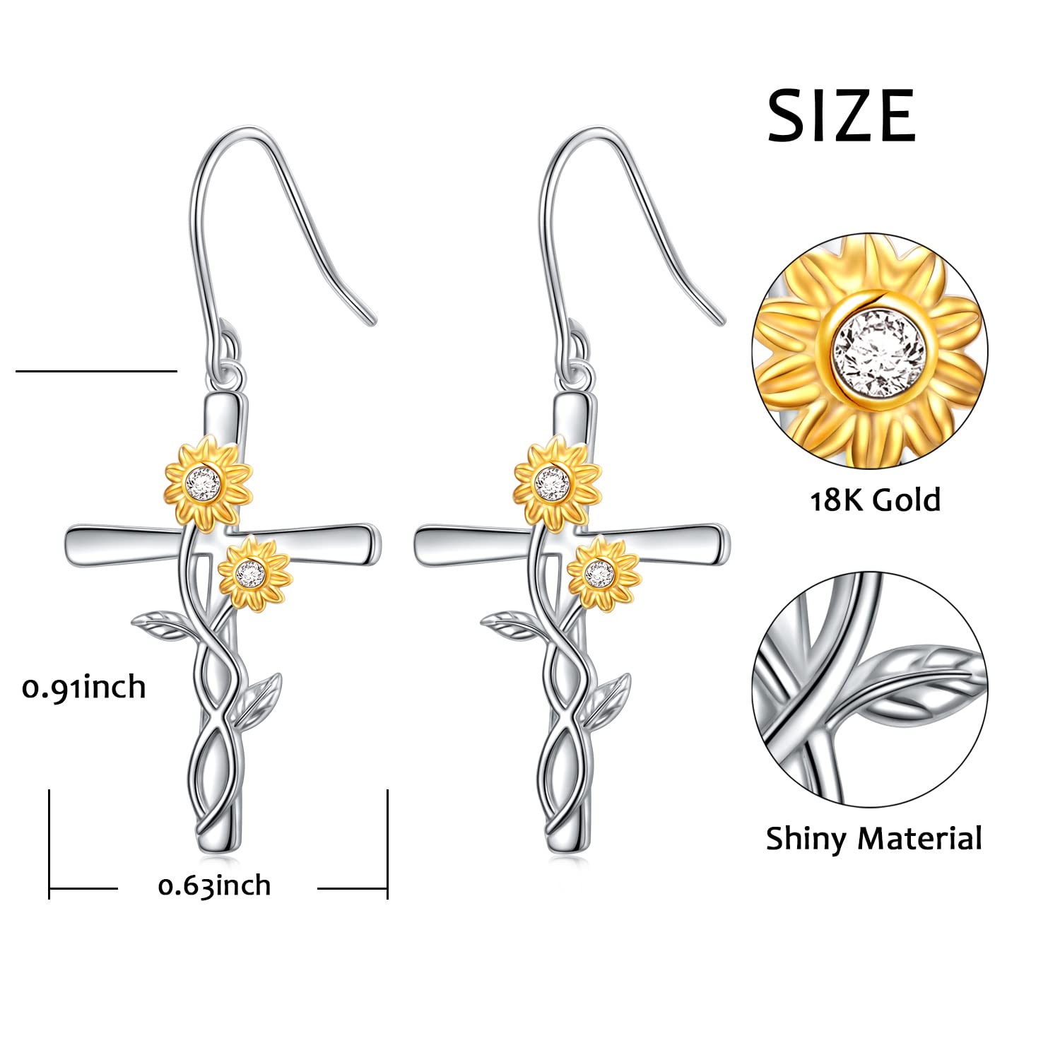 Cross Earrings 925 Sterling Silver Sunflower Dangle Earrings Sunshine Cross Dangle Drop Religious Jewelry Christian Baptism Gift for Women