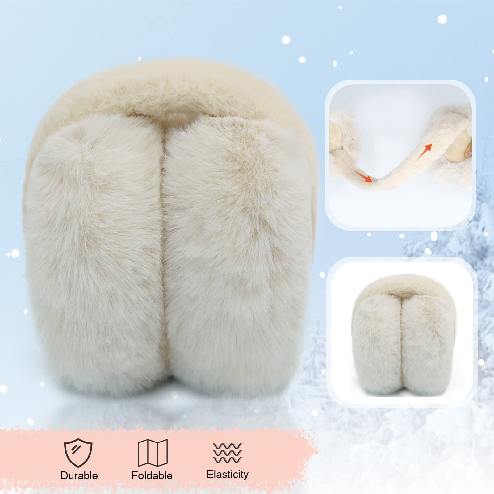 PIGBENGO Foldable Ear Muffs for Women Cold Weather Fluffy Earmuffs Winter Warm Headband Cute Slouchy Ear Warmers (Beige)