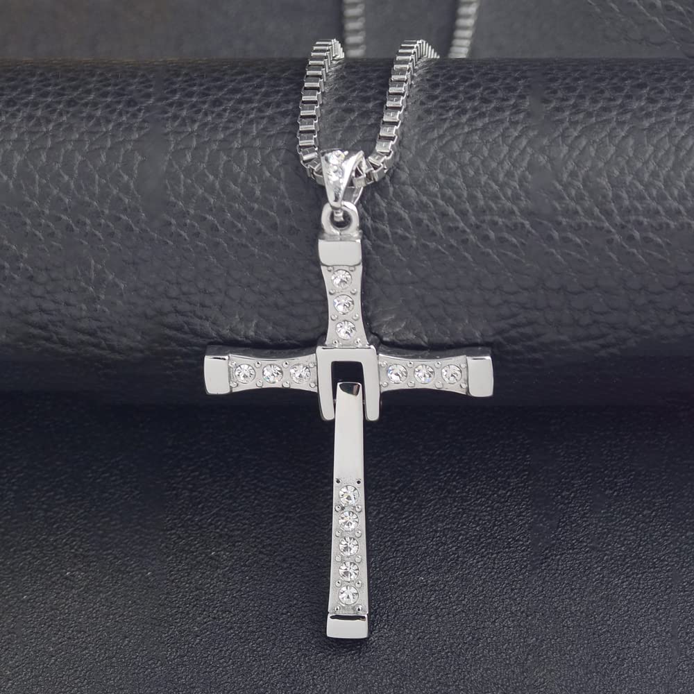 LAKINGA Cross Necklace for Men Women,Medical Titanium Steel Jewellery,Inlaid with Zirconia Rhinestones,With Silver Chain,Cross Chain Necklace for Men Women Jewelry Gifts