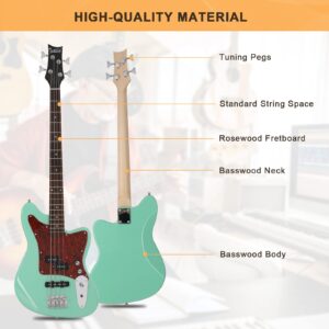 GLARRY 4 String Electric Bass Guitar Beginner Kit w/20w Amp, Red Pearl Guard Full Size Bass with Digital Tuner,Amp Cable, Strap, Bag and Accessories(Mint Green)