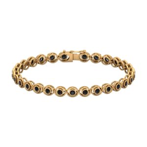 2 CT Bezel Set Black Onyx Unisex Round Shape Tennis Chain Bracelet (AAA Quality), 14K Yellow Gold, 6.5 inches