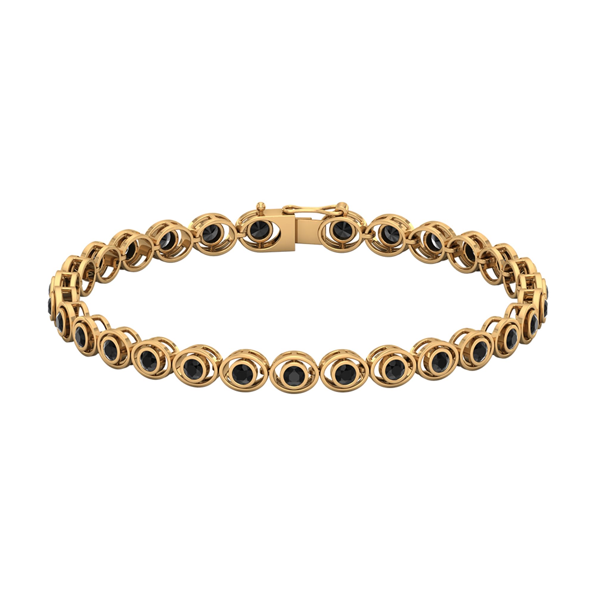 2 CT Bezel Set Black Onyx Unisex Round Shape Tennis Chain Bracelet (AAA Quality), 14K Yellow Gold, 6.5 inches