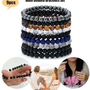 BOMAIL 9pcs Gemstone Beaded Bracelets for Men Women 6mm Round Beads Bracelets Set SemiPrecious Gemstone Beads Bracelets Matte Lava Rock Volcanic Tiger Eye Stone Yoga Healing Energy Crystal Stretch