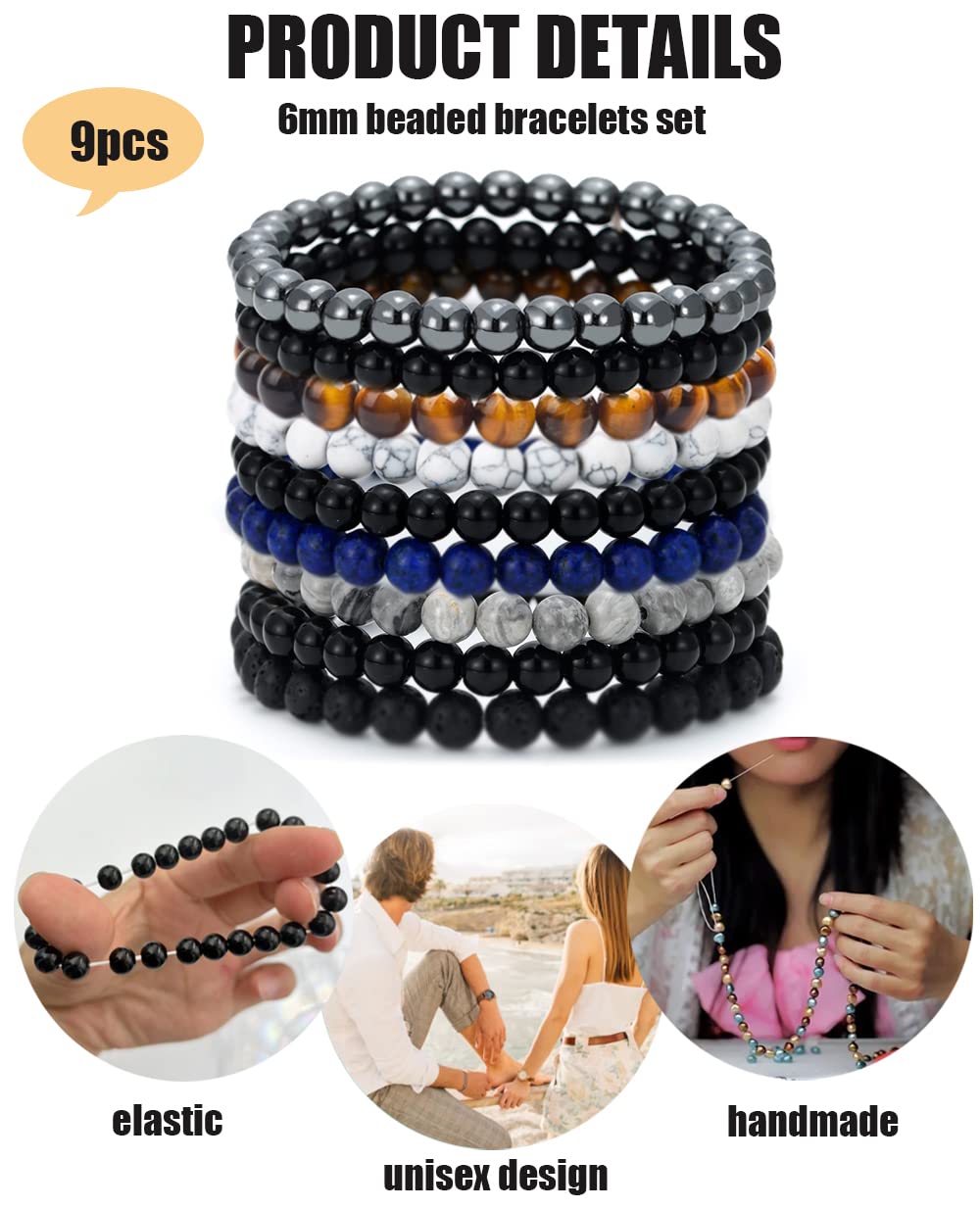 BOMAIL 9pcs Gemstone Beaded Bracelets for Men Women 6mm Round Beads Bracelets Set SemiPrecious Gemstone Beads Bracelets Matte Lava Rock Volcanic Tiger Eye Stone Yoga Healing Energy Crystal Stretch