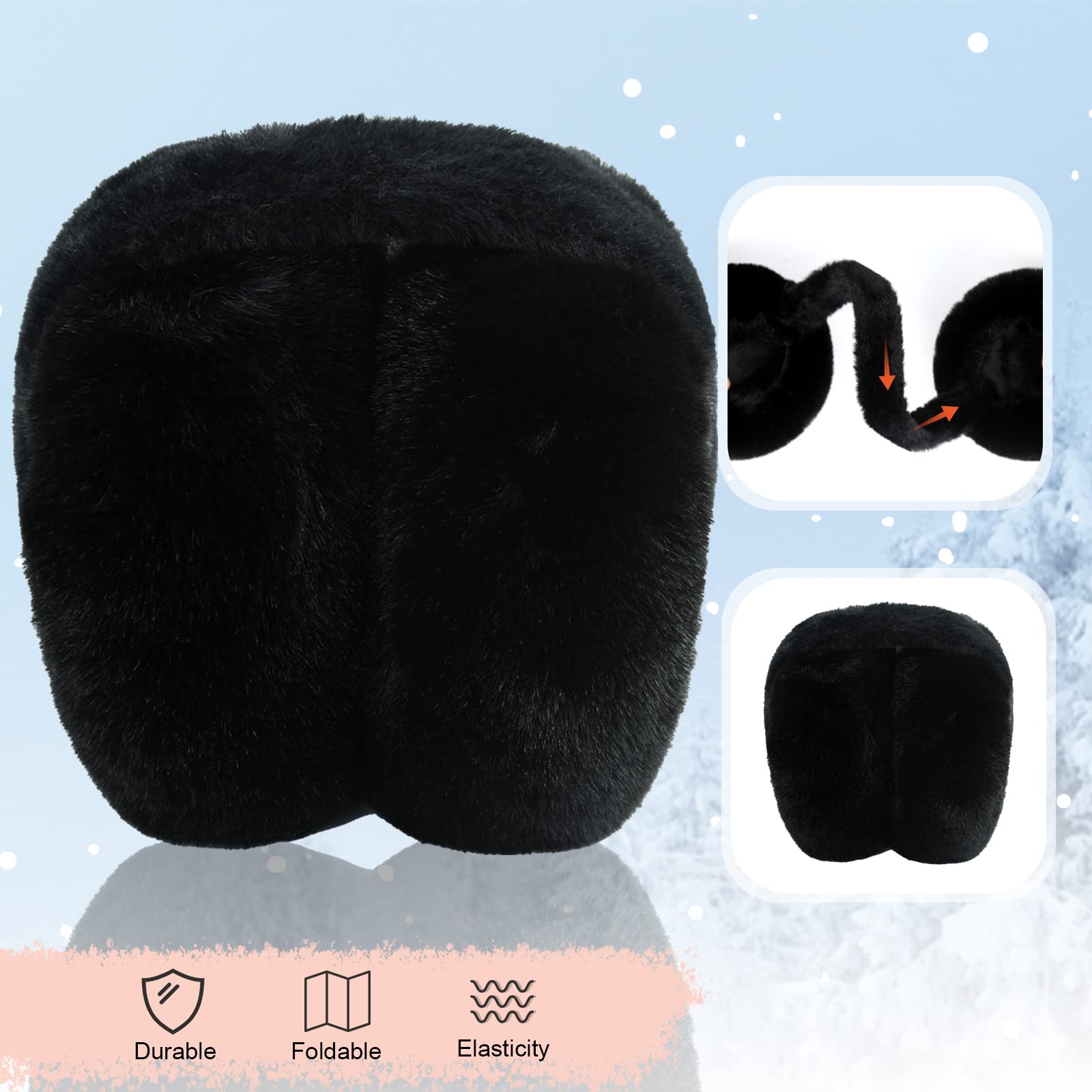 PIGBENGO Foldable Ear Muffs for Women Cold Weather Fluffy Earmuffs Winter Warm Headband Cute Slouchy Ear Warmers (Black)