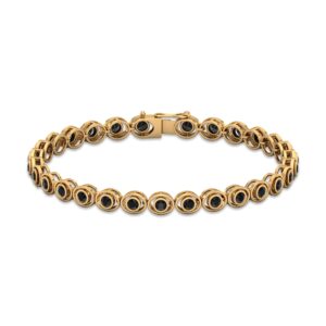 2 CT Bezel Set Black Onyx Unisex Round Shape Tennis Chain Bracelet (AAA Quality), 14K Yellow Gold, 6.5 inches