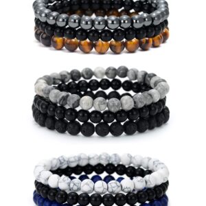 BOMAIL 9pcs Gemstone Beaded Bracelets for Men Women 6mm Round Beads Bracelets Set SemiPrecious Gemstone Beads Bracelets Matte Lava Rock Volcanic Tiger Eye Stone Yoga Healing Energy Crystal Stretch