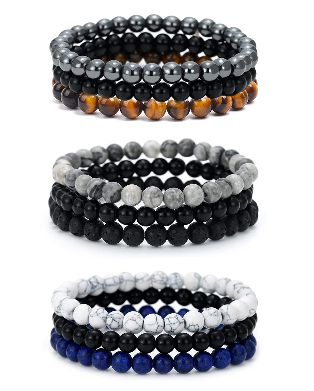 BOMAIL 9pcs Gemstone Beaded Bracelets for Men Women 6mm Round Beads Bracelets Set SemiPrecious Gemstone Beads Bracelets Matte Lava Rock Volcanic Tiger Eye Stone Yoga Healing Energy Crystal Stretch