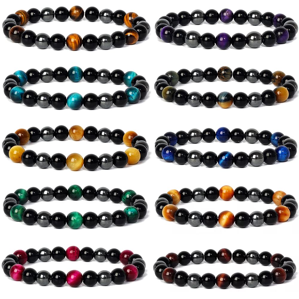 FINZOR 10 Pcs Triple Protection Bracelet Hematite Black Obsidian Tiger Eye Stone Beaded Bracelets for Men Women Stretch Bracelets