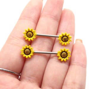 14G Sunflower Nipple Rings Stainless Steel Yellow Flower Nipple Tongue Ring Barbell Piercing Nipplerings Body Piercing Jewelry Gifts for Women