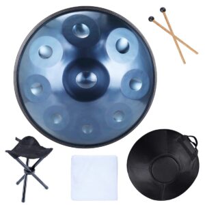 TREELF Handpan Drums Sets D Minor 18 inches Steel Hand Drum with Soft Hand Pan Bag, 2 handpan mallet,Handpan Stand (9 Notes, Blue)