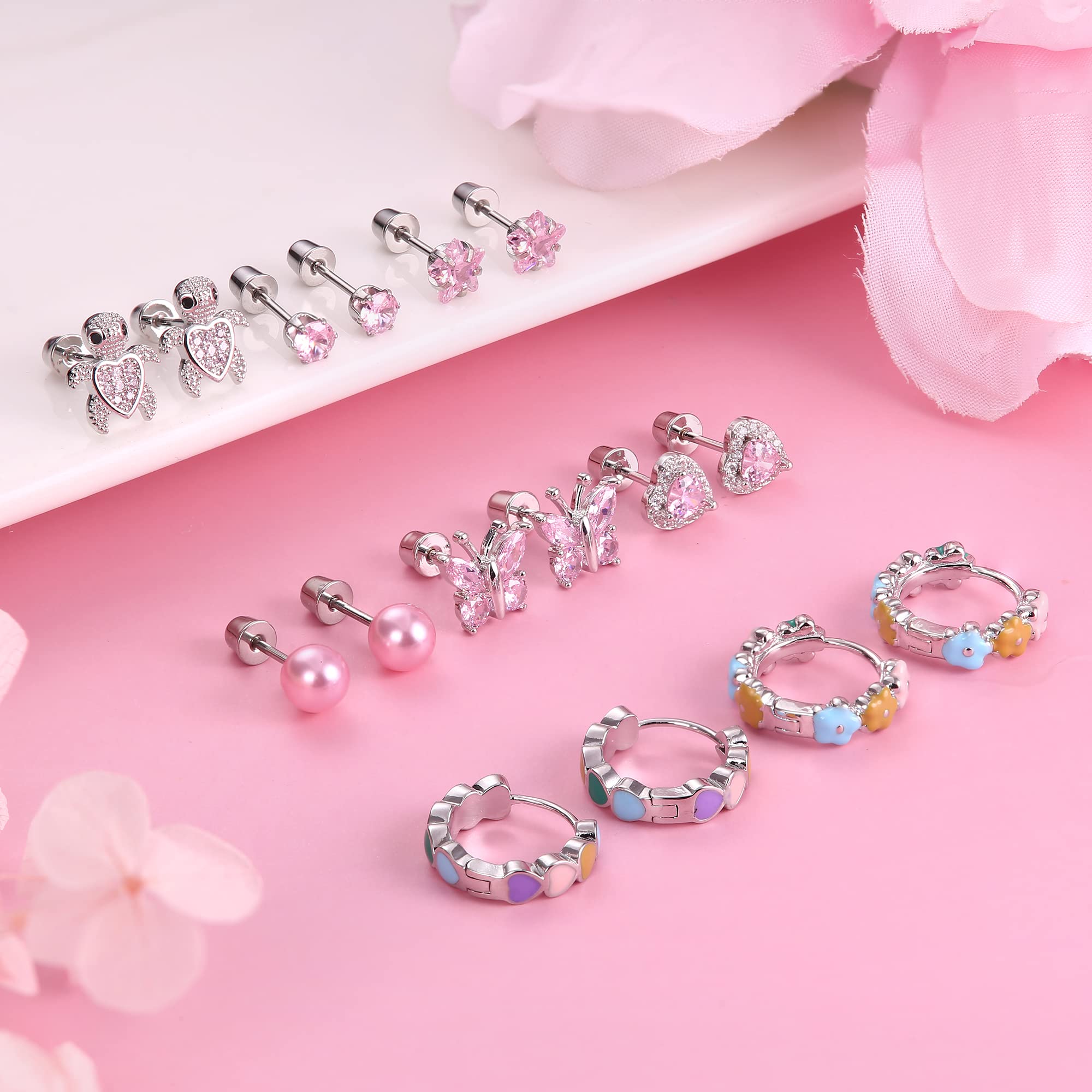 Jstyle 8 Pairs Hypoallergenic Screw Back Earrings for Girls Women 316L Stainless Steel Heart CZ Flower Butterfly Screwback Stud Earrings Cute Hoop Earring Set-Butterfly Style