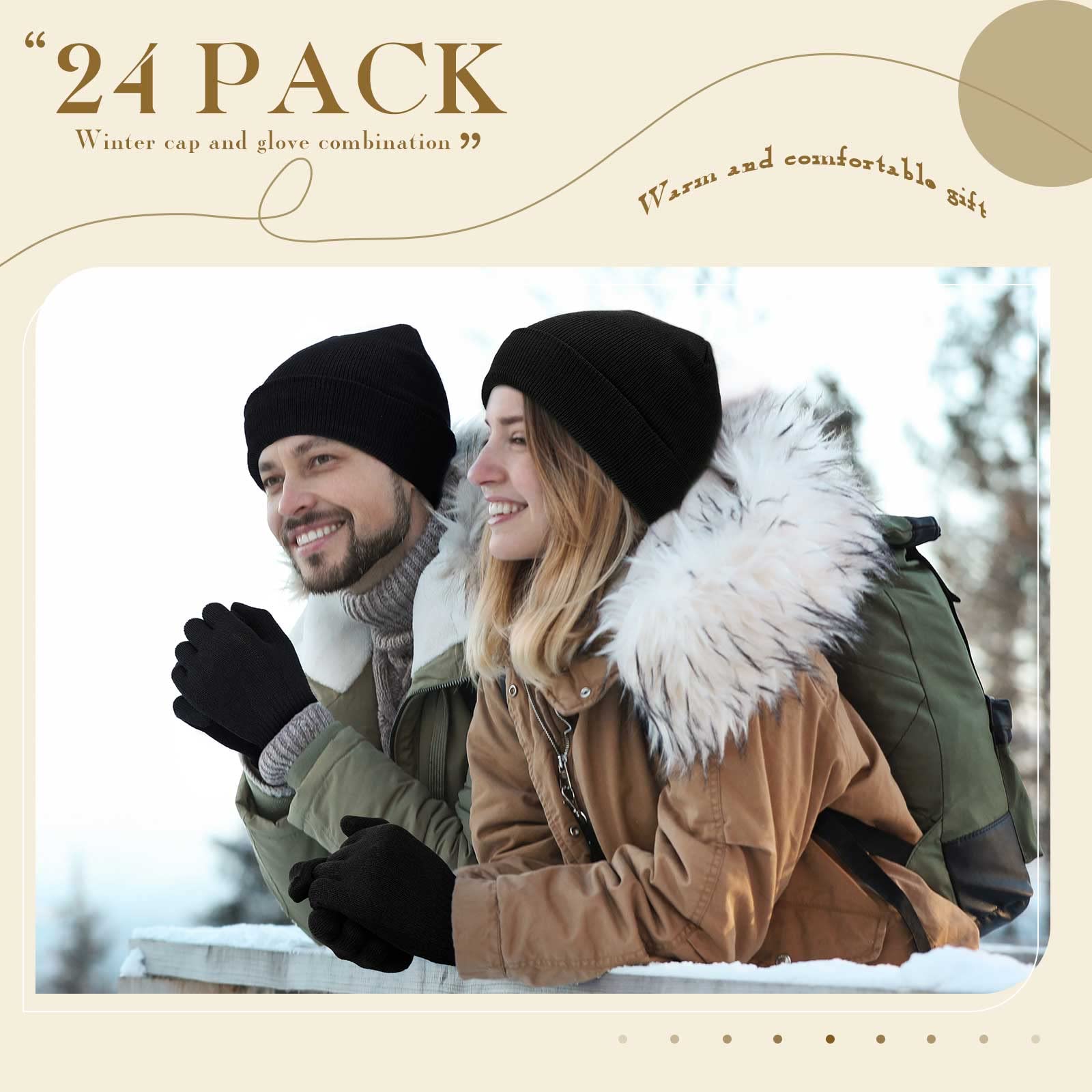 48 Pack Winter Beanies and Gloves Combo Pack Unisex Winter Accessories Men's Winter Gloves Winter Cozy Gift Set for Women Men (Black)