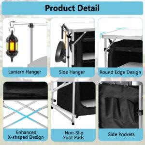 Seeutek Camping Kitchen Table Aluminum Portable Outdoor Cooking Table Foldable Camp Table with Windscreen and 3 Storage Cupboards Multifunctional for BBQ, Party and Outdoor Activities