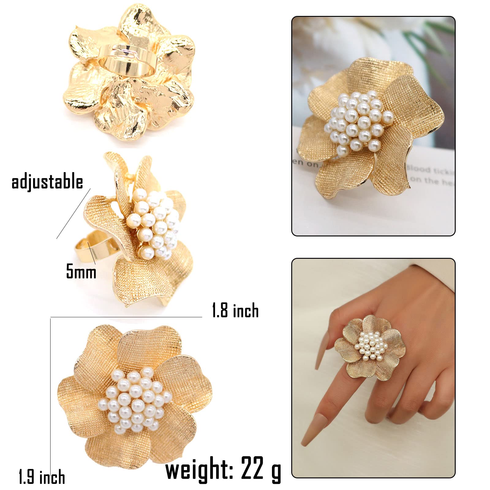 HSQYJ Fashion Adjustable Pearl Crystal Flower Cocktail Statement Ring Rhinestone FloraL Engagement Wedding Bands Rings Luxury Jewelry for Women Gift Gold Silver Plated (Flower)