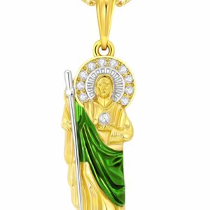 Luxe & Co. Jewelry Saint Jude Necklace 14K Gold Plated San Judas Medalla Cadena Oro Laminado San Judas Necklace (Green, 24" Inch)