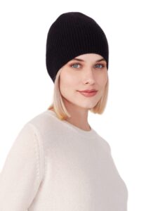 style republic women’s ribbed beanie, 100% cashmere, soft & stretchy, warm hat for winter (black)