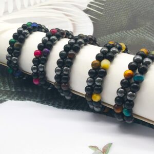 FINZOR 10 Pcs Triple Protection Bracelet Hematite Black Obsidian Tiger Eye Stone Beaded Bracelets for Men Women Stretch Bracelets