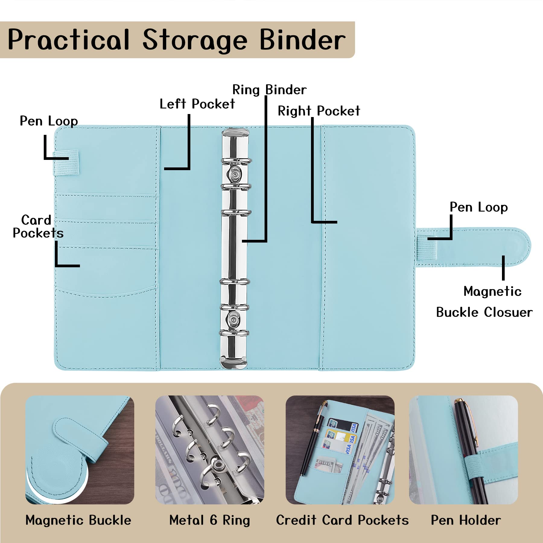 Antner Budget Binder with Zipper Cash Envelopes and Expense Sheets for Money Saving Binder, Savings Challenges to Save $500, 1,000, 10,000, A6 Budget Planner Book Money Organizer for Cash, Mint Blue