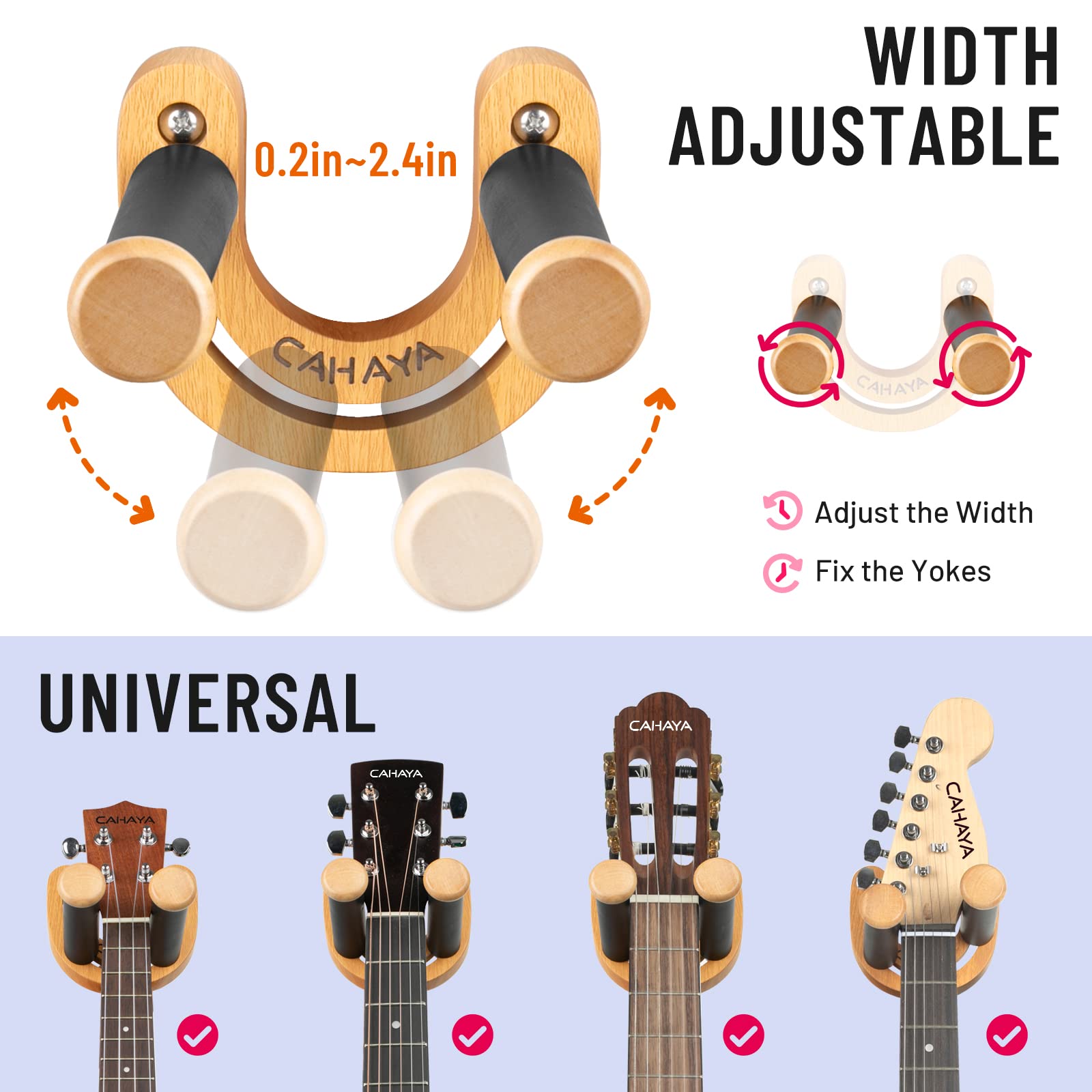 CAHAYA Guitar Wall Mount Hanger Adjustable U-Shaped Hook with 5 Picks and 1 Pick Bag for Acoustic Electric Bass Banjo Ukulele Mandolin CY0297