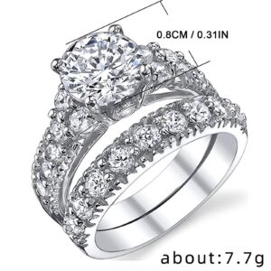 2PCS Simulated Diamond Ring for Women Wedding Rings for Bride Engagement Ring (Silver, 9)