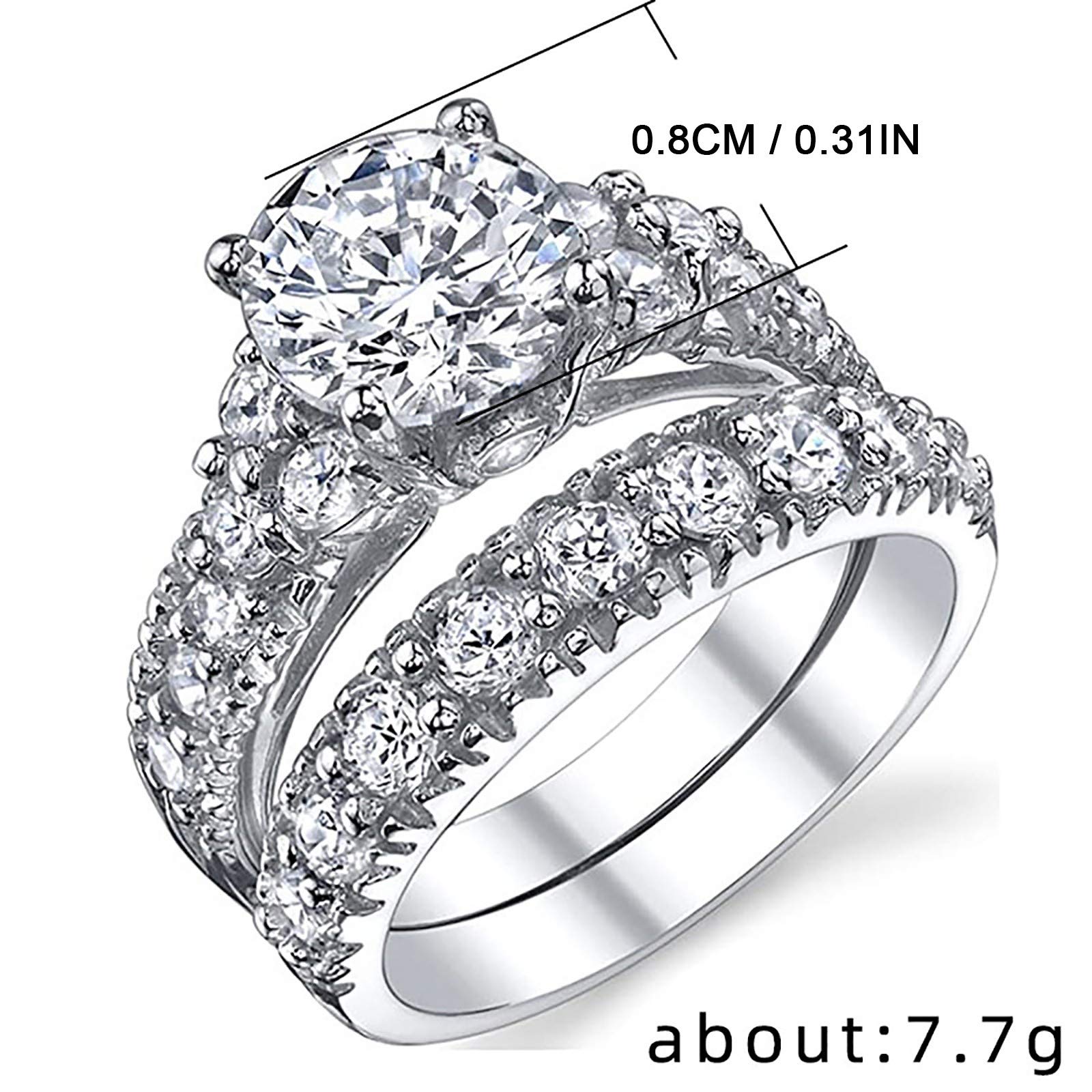 2PCS Simulated Diamond Ring for Women Wedding Rings for Bride Engagement Ring (Silver, 9)