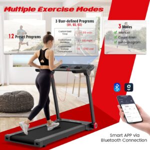 GYMAX Folding Treadmill, 3.75HP Electric Running Machine with 12 Preset Programs, Smart App Control, LCD Monitor & Device Holder, Foldable Freestanding Treadmill for Home Gym Small Space