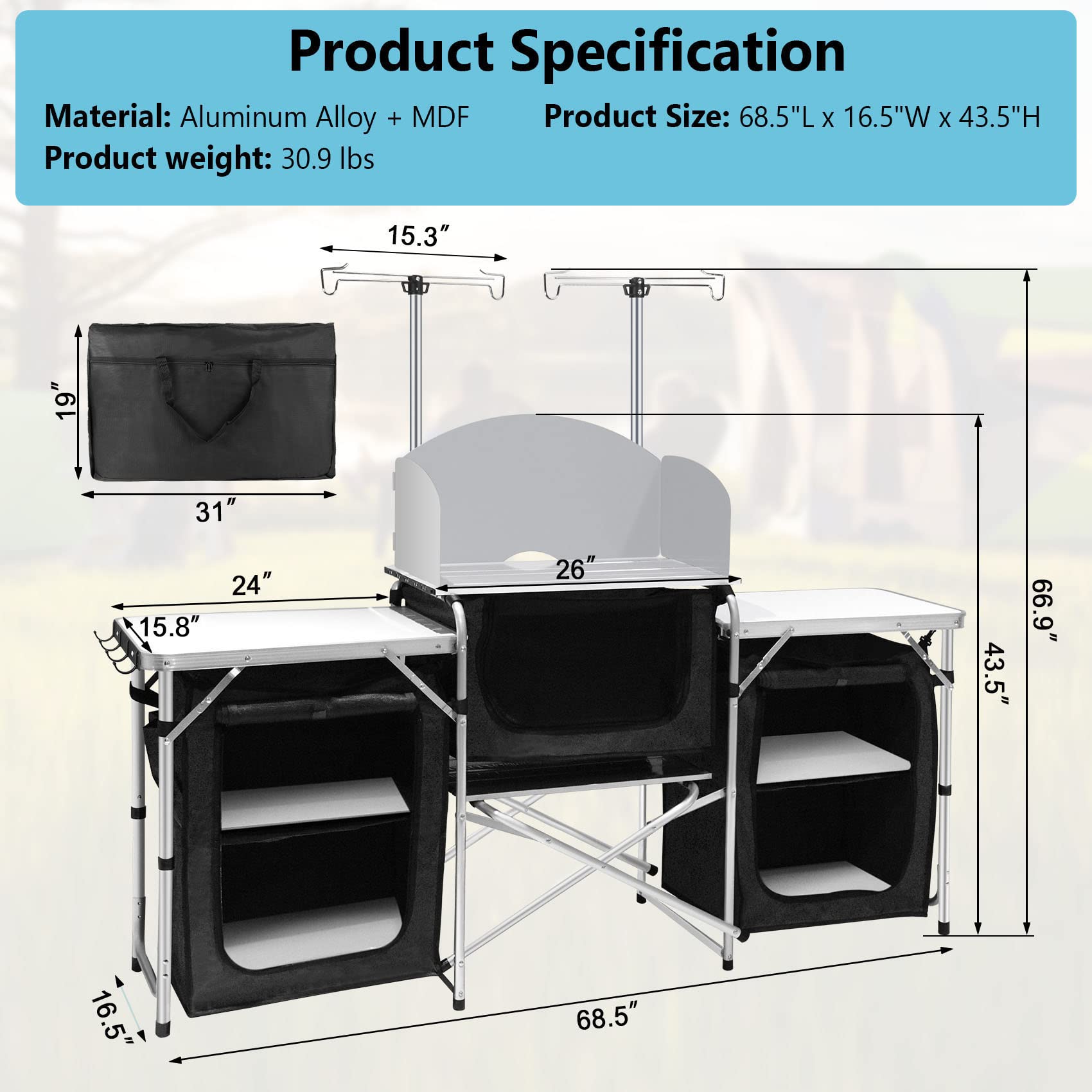 Seeutek Camping Kitchen Table Aluminum Portable Outdoor Cooking Table Foldable Camp Table with Windscreen and 3 Storage Cupboards Multifunctional for BBQ, Party and Outdoor Activities