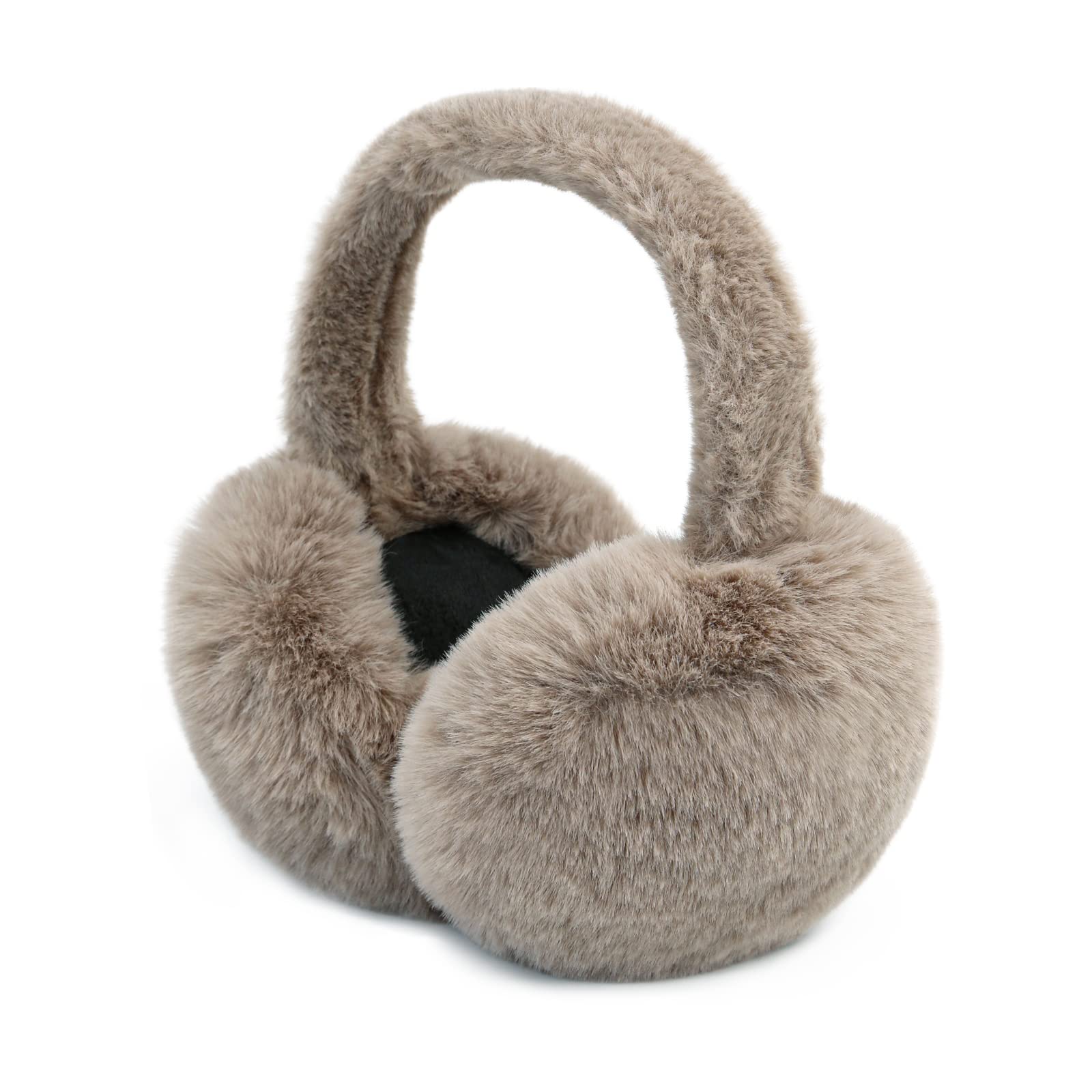 PIGBENGO Foldable Ear Muffs for Women Cold Weather Fluffy Earmuffs Winter Warm Headband Cute Slouchy Ear Warmers (Khaki)