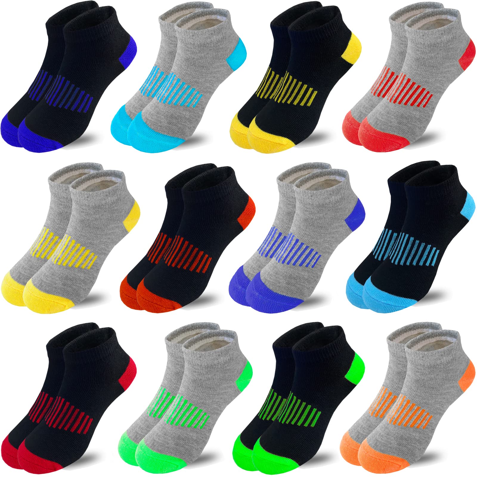 Tsmollyu Boy Socks 12 Pairs Ankle Athletic Cotton Socks Half Cushioned Low Cut Socks For Little Big Kids Age 3-10(7-10 Years)