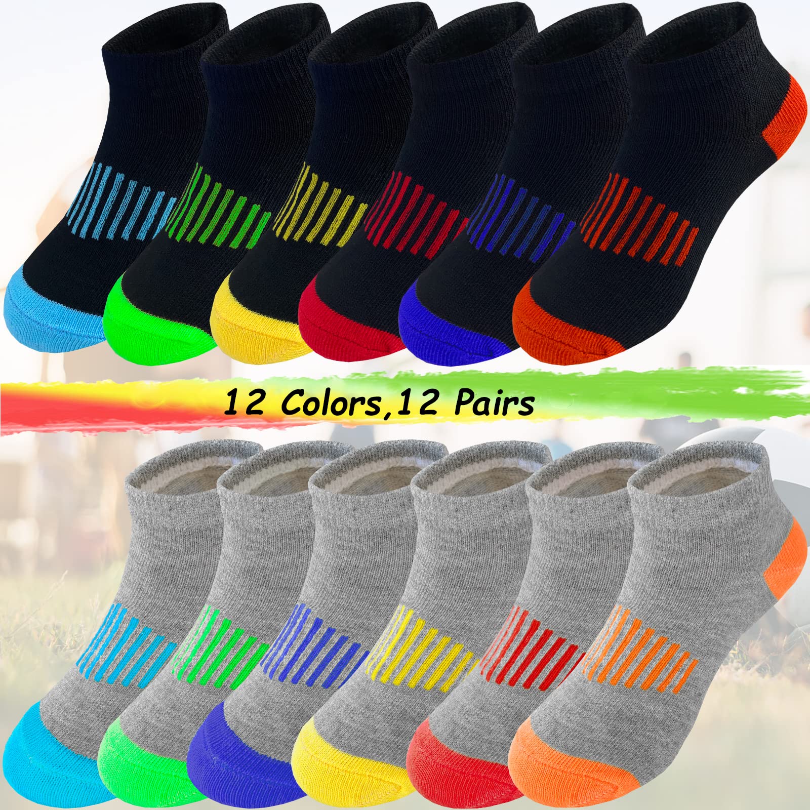 Tsmollyu Boy Socks 12 Pairs Ankle Athletic Cotton Socks Half Cushioned Low Cut Socks For Little Big Kids Age 3-10(7-10 Years)