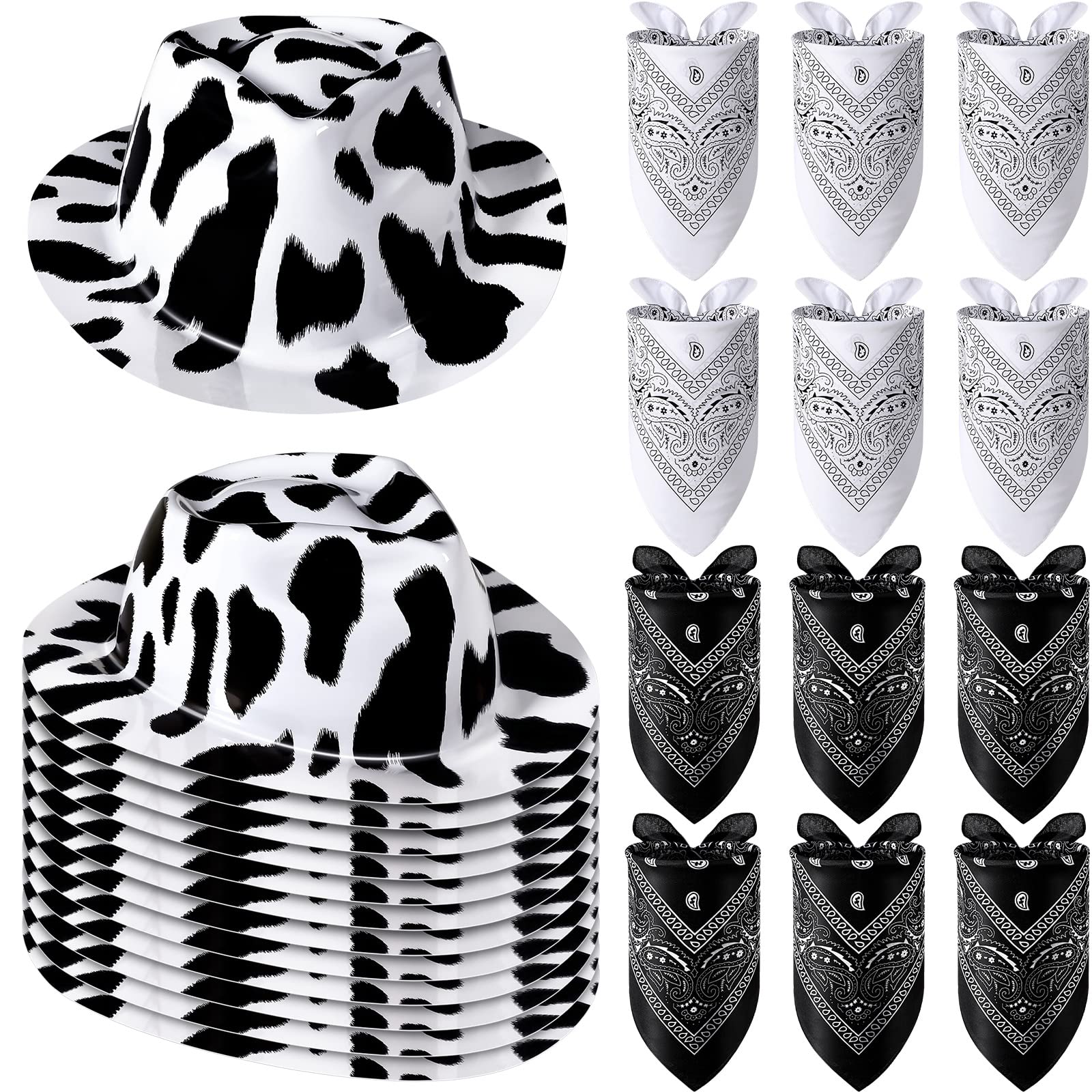 Haysandy 24 Pcs Cow Print Cowgirl Hats Cowboy Hats Bulk with Bandana Felt Cow Party Hats for Women Men Western Costume Party (Black)