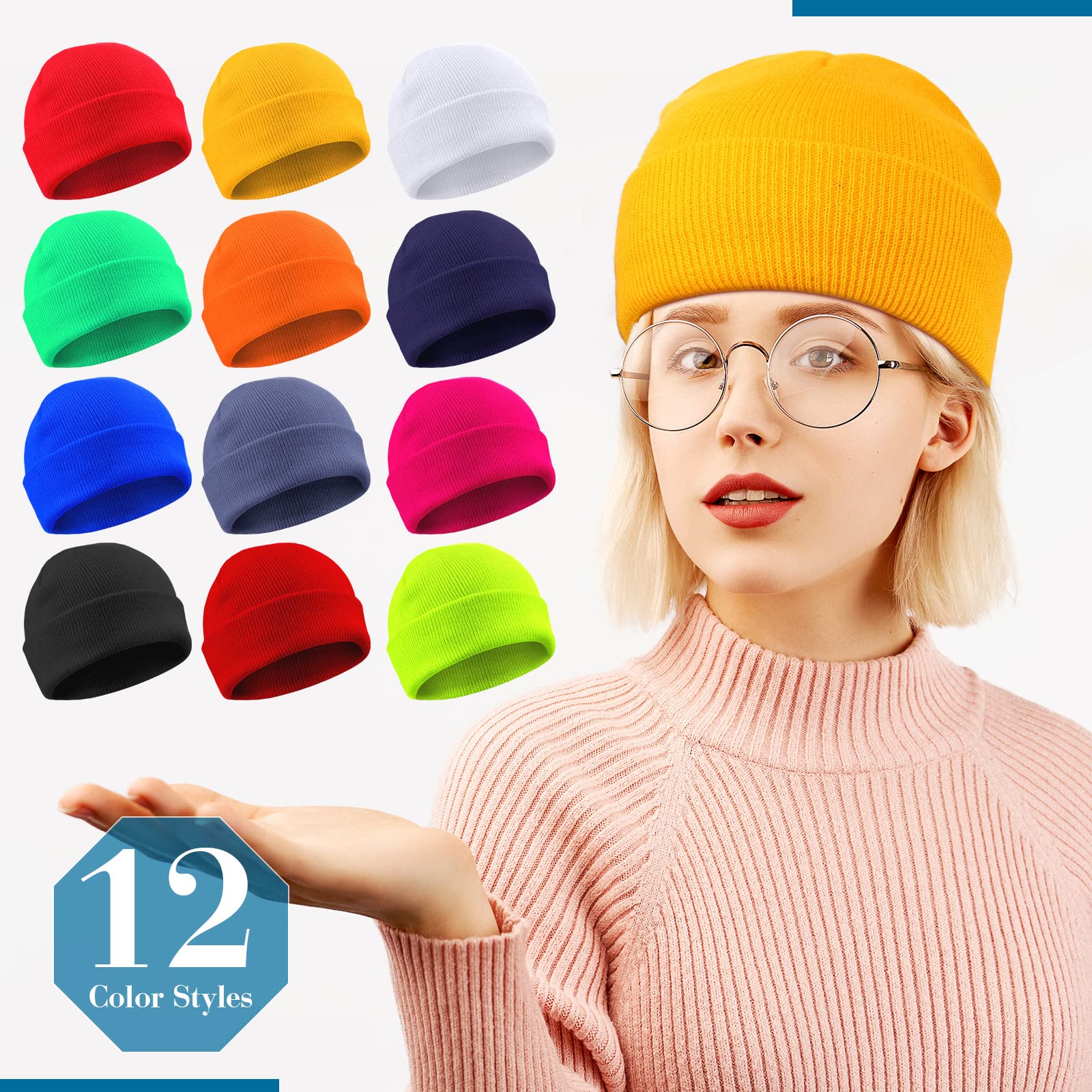 Yahenda 48 Pack Knit Beanies Hats Winter Beanie Hats Warm Knitted Cuffed Skull Cozy Cap for Men Women Unisex, 12 Colors