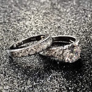 2PCS Simulated Diamond Ring for Women Wedding Rings for Bride Engagement Ring (Silver, 9)