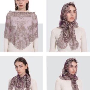 Bozidol Triangle Church Mantilla Veil Catholic Mass Chapel Lace Veil Religious Christian Gift for Women (Purple-Gold)