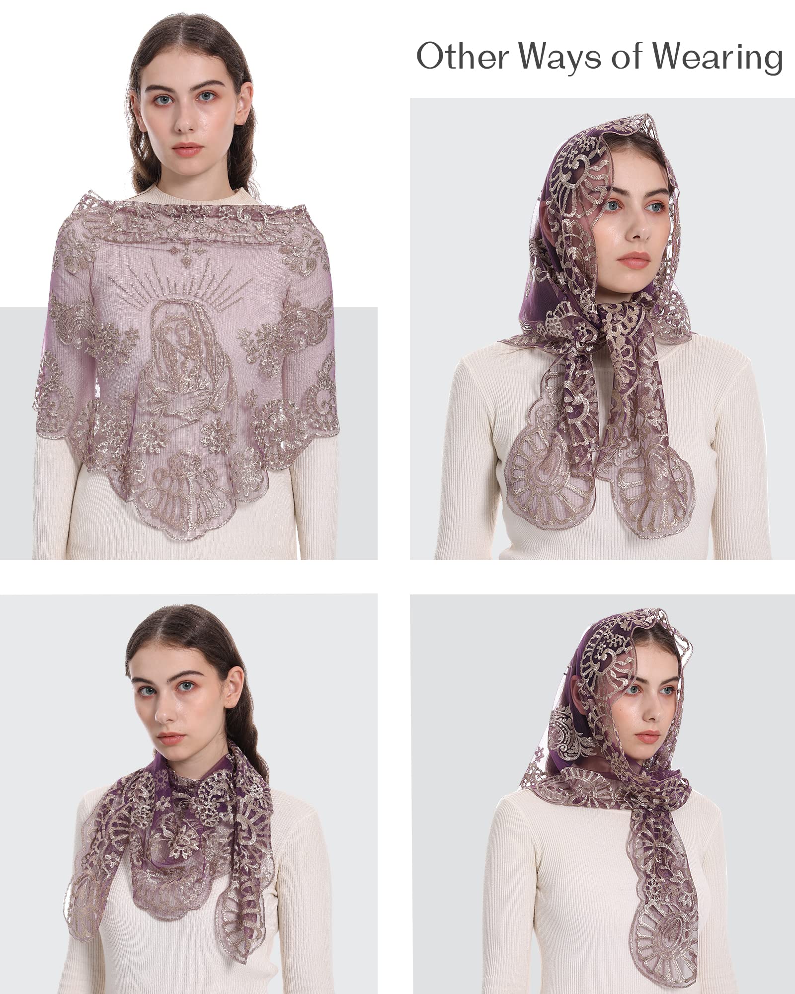 Bozidol Triangle Church Mantilla Veil Catholic Mass Chapel Lace Veil Religious Christian Gift for Women (Purple-Gold)