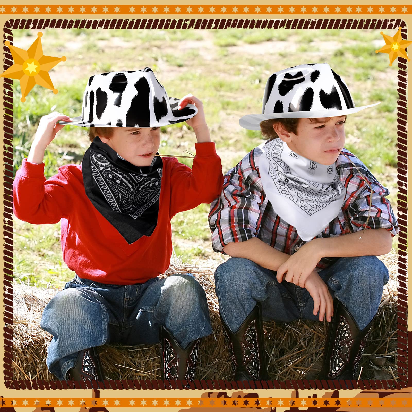 Haysandy 24 Pcs Cow Print Cowgirl Hats Cowboy Hats Bulk with Bandana Felt Cow Party Hats for Women Men Western Costume Party (Black)