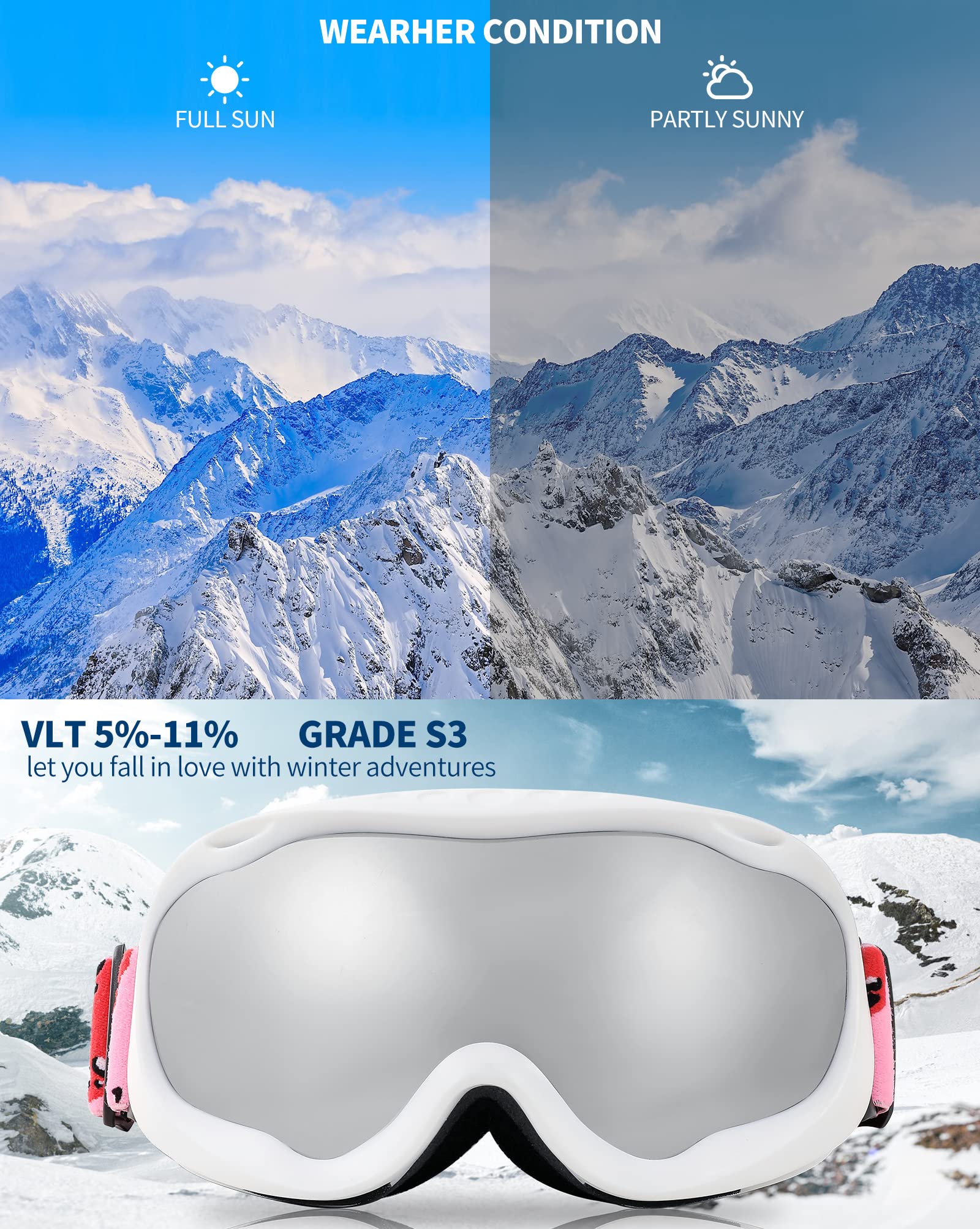 FEISEDY Sports Ski Goggles Snowboard Anti-Fog Mirrored Snow Goggles OTG UV Protection for Women Men Youth B2946