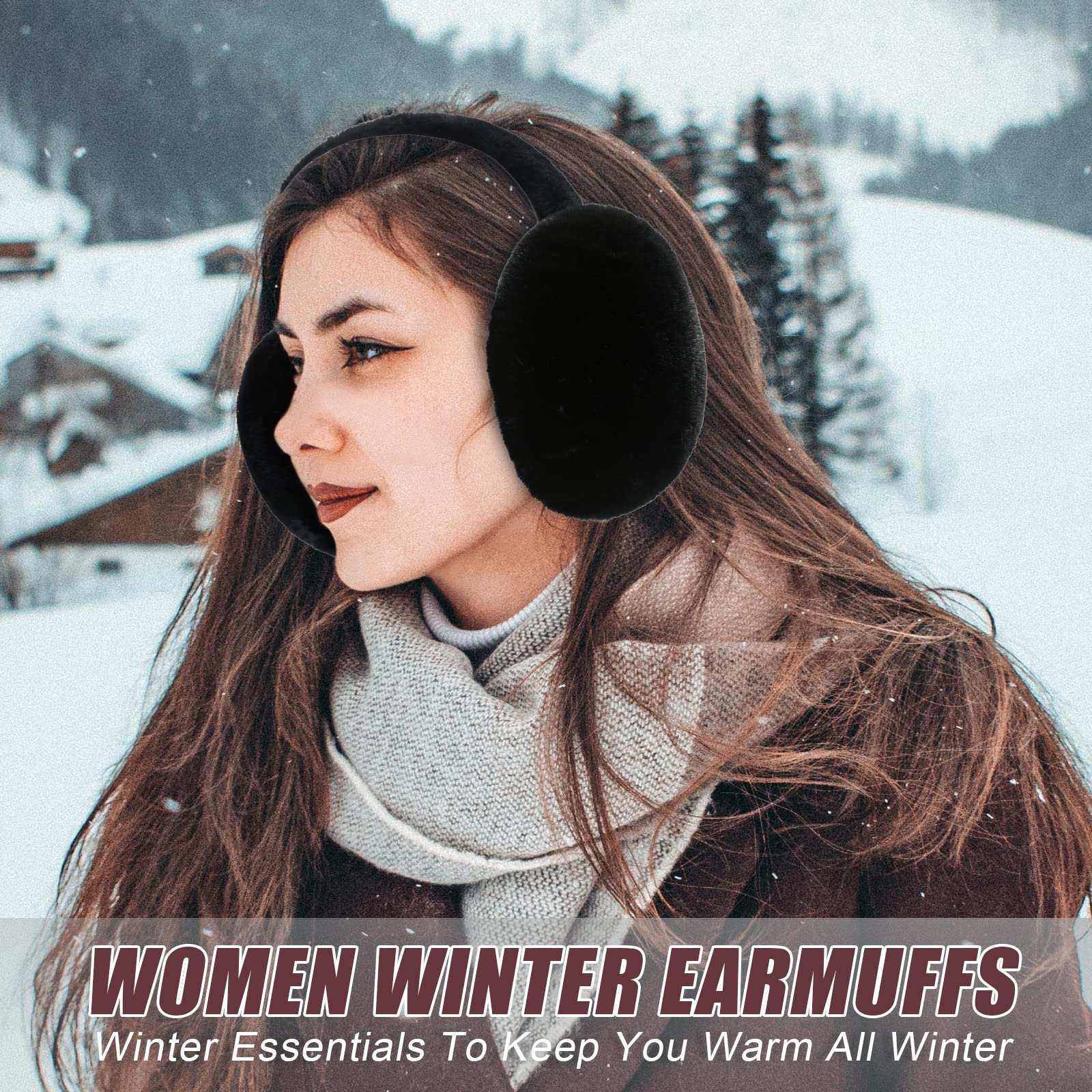 PIGBENGO Foldable Ear Muffs for Women Cold Weather Fluffy Earmuffs Winter Warm Headband Cute Slouchy Ear Warmers (Black)