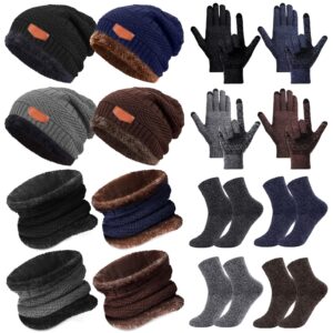 16 Pcs Winter Hat Scarf Gloves Sock Set Knit Beanie Cap Neck Warmer Scarf Touchscreen Gloves Slouchy Skull Cap Mittens Circle Scarves Socks for Women Men