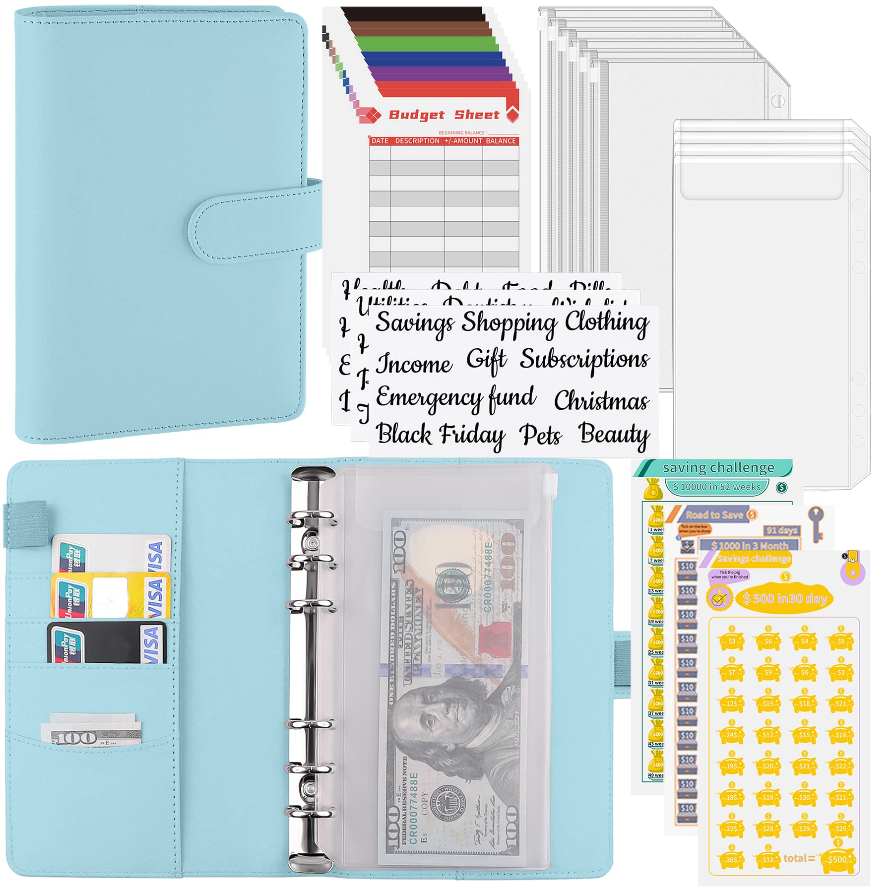 Antner Budget Binder with Zipper Cash Envelopes and Expense Sheets for Money Saving Binder, Savings Challenges to Save $500, 1,000, 10,000, A6 Budget Planner Book Money Organizer for Cash, Mint Blue