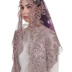 Bozidol Triangle Church Mantilla Veil Catholic Mass Chapel Lace Veil Religious Christian Gift for Women (Purple-Gold)