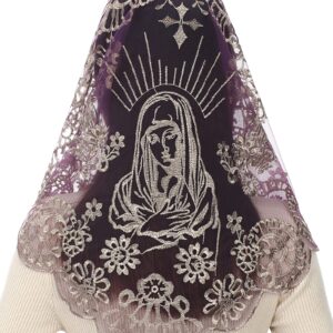 Bozidol Triangle Church Mantilla Veil Catholic Mass Chapel Lace Veil Religious Christian Gift for Women (Purple-Gold)