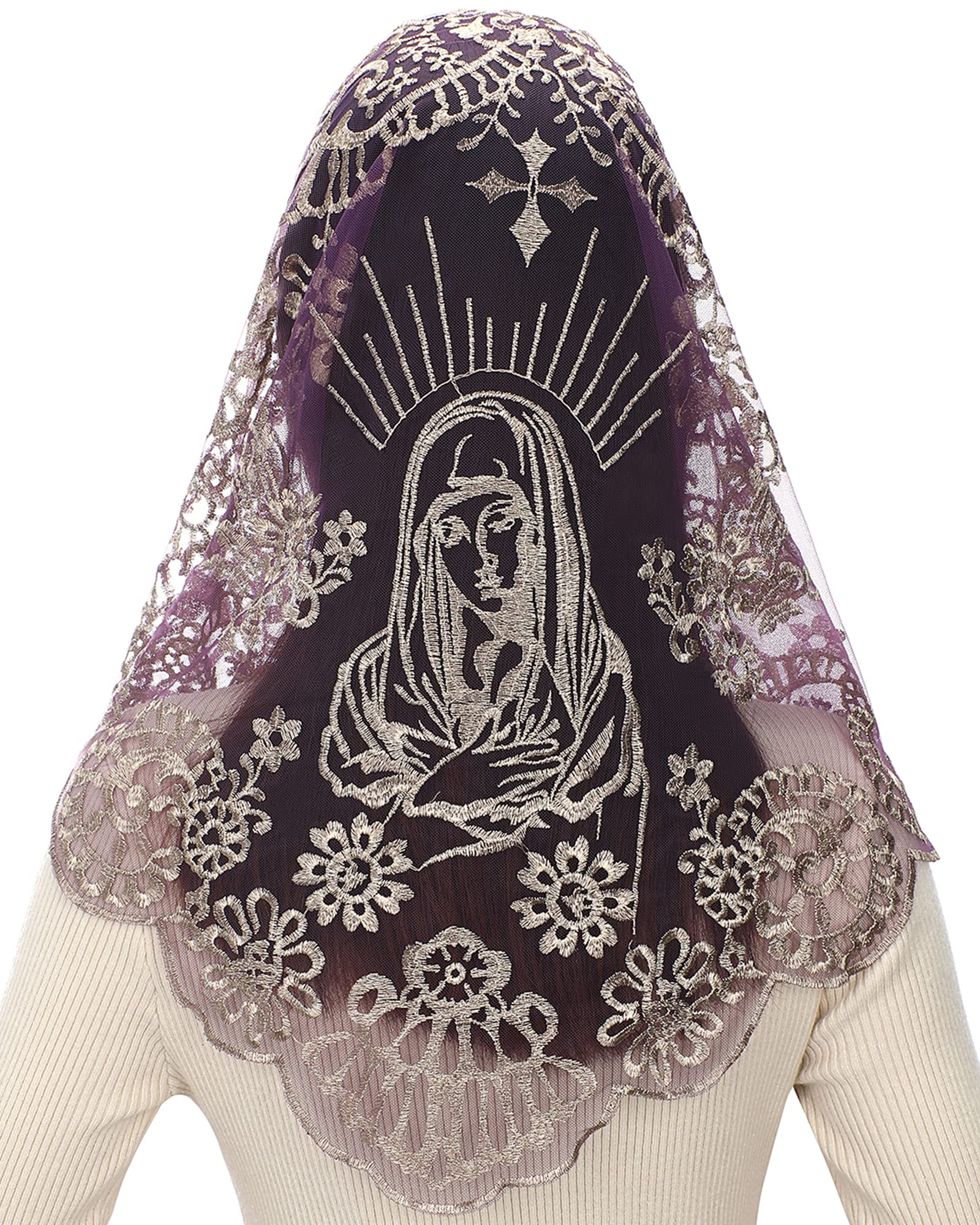 Bozidol Triangle Church Mantilla Veil Catholic Mass Chapel Lace Veil Religious Christian Gift for Women (Purple-Gold)