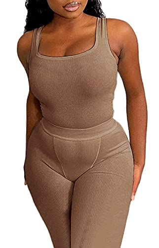 LICOBOD Casual Workout Sets 2 Piece Outfits for Women Ribbed Crop Tank Top High Waist Yoga Leggings Lounge Wear Tracksuit