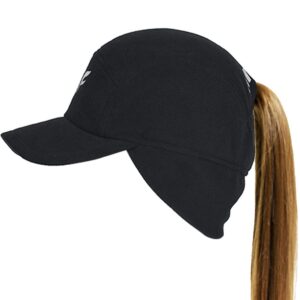 fethar womens athletic winter hat with ponytail hole - fleece running hat for womens (black/reflective)