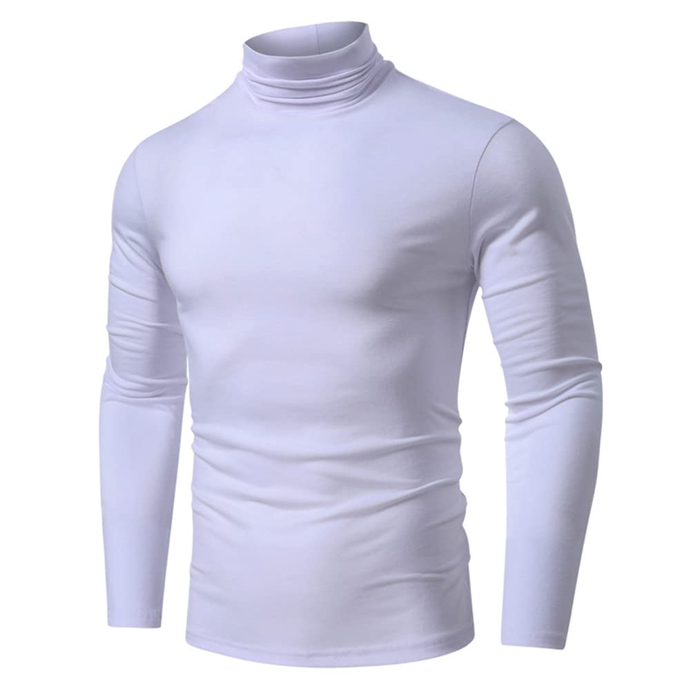 Men's Slim Fit Turtleneck Long Sleeve Pullover Casual Thermal Lightweight Basic T shirt White