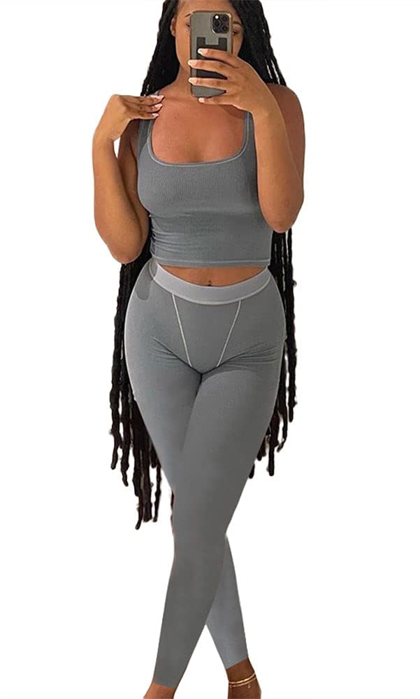 LICOBOD Casual Workout Sets 2 Piece Outfits for Women Ribbed Crop Tank Top High Waist Yoga Leggings Lounge Wear Tracksuit