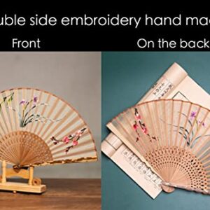 HangErFeng Folding Fan Vintage Hand Fans for Women Silk Double-side Handmade Embroidery Bamboo Fan 50 Pink