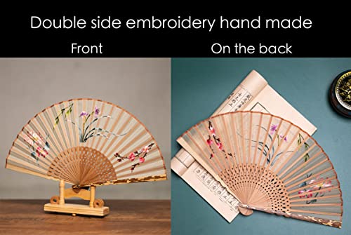 HangErFeng Folding Fan Vintage Hand Fans for Women Silk Double-side Handmade Embroidery Bamboo Fan 50 Pink